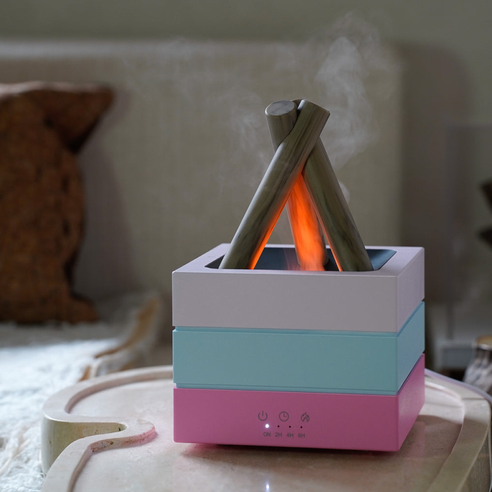 Custom amazon campfire aroma diffuser - desktop fireplace design - creative gift for her - pink, rainbow flame, wood grain humidifier