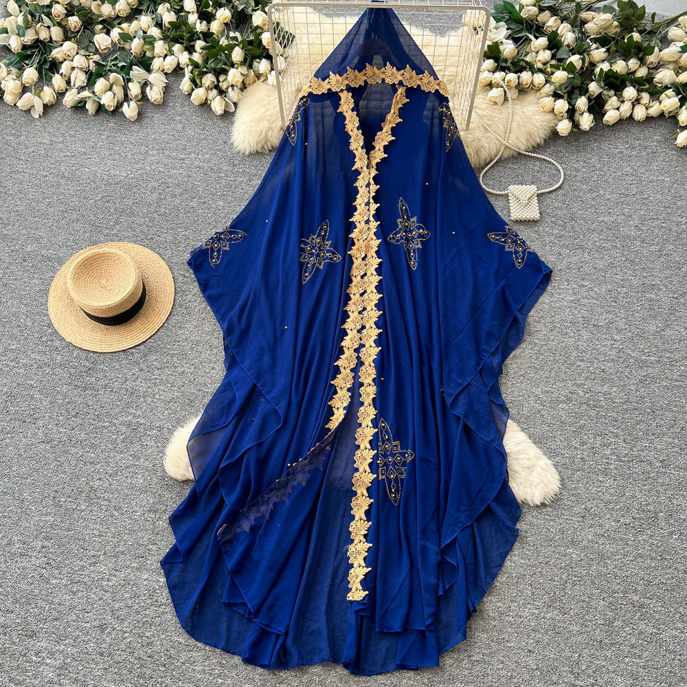 French-style, heavily embellished beaded v-neck hooded dress for women, perfect for spring. features a wine-red, asymmetrical hemline, exuding a sophisticated and elegant vibe