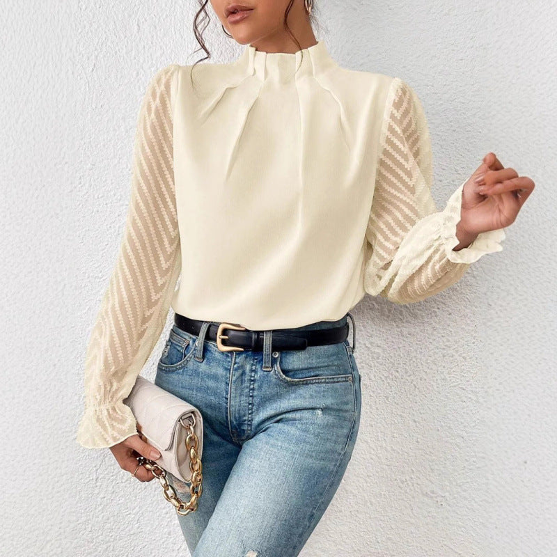 european and american cross-border women's fashion: new autumn/winter half-high neck, wavy pattern chiffon long sleeve top