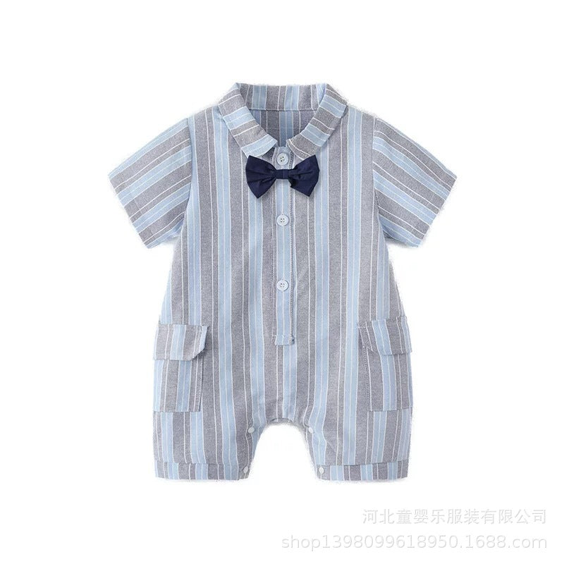 Baby clothes summer striped short-sleeve romper boy korean style gentleman outfit baby 100-day celebration first birthday crawling suit