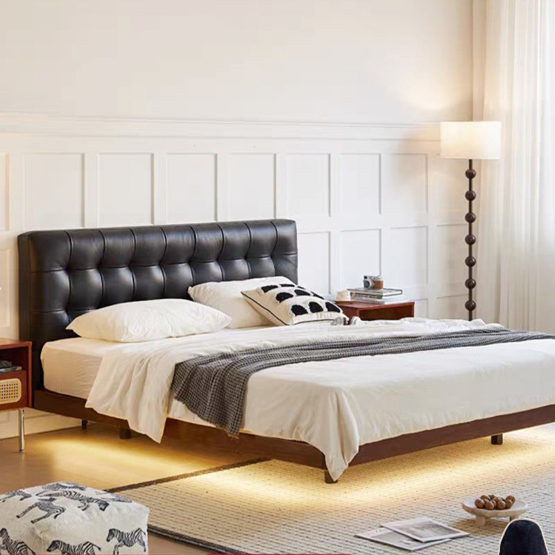 Solid wood waffle grids leather bed with double bed 1.8m black leather master bedroom small apartment sensor floating bed