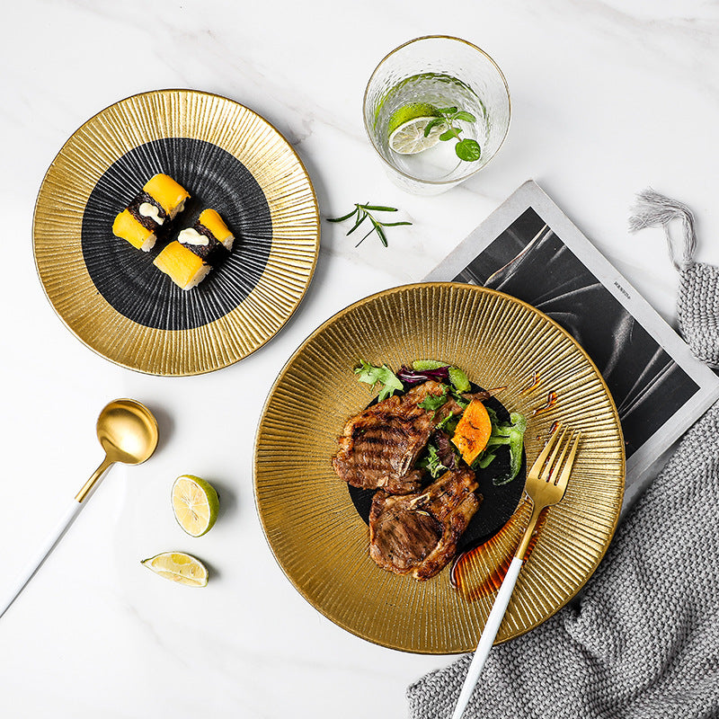 Gold-trimmed ceramic dinnerware: western steak plates, sushi rectangular dishes, hotel gold-edged buffet plates - wholesale