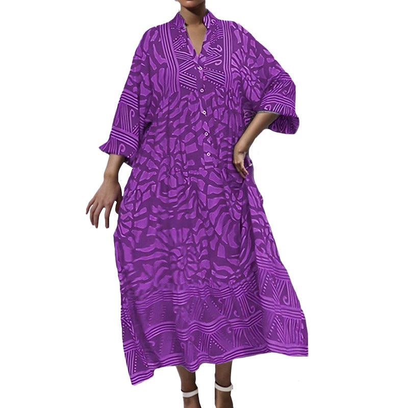 cross-border e-commerce women's fashion: european and american summer new arrivals - stylish v-neck printed loose plus size maxi dress
