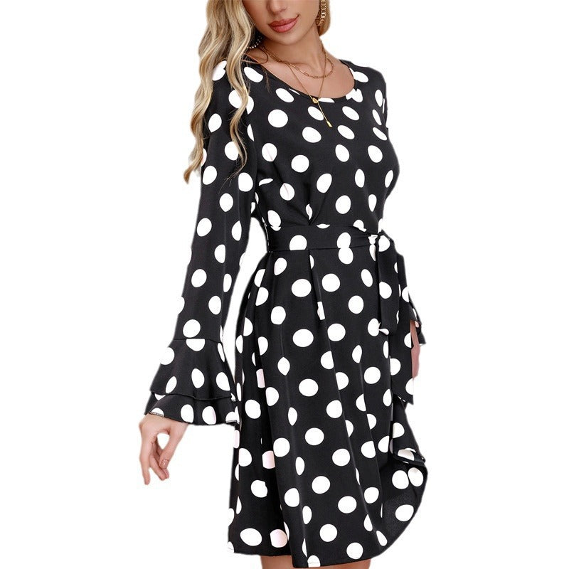 cross-border code new arrival  women's original elegant round neck color block polka dot long sleeve dress