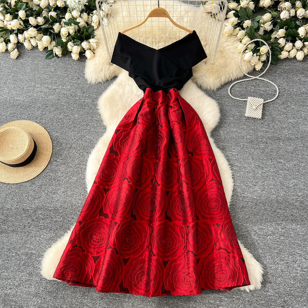 French style women's evening gown 2025 new collection - high-end one-shoulder patchwork waist-defining jacquard a-line maxi dress