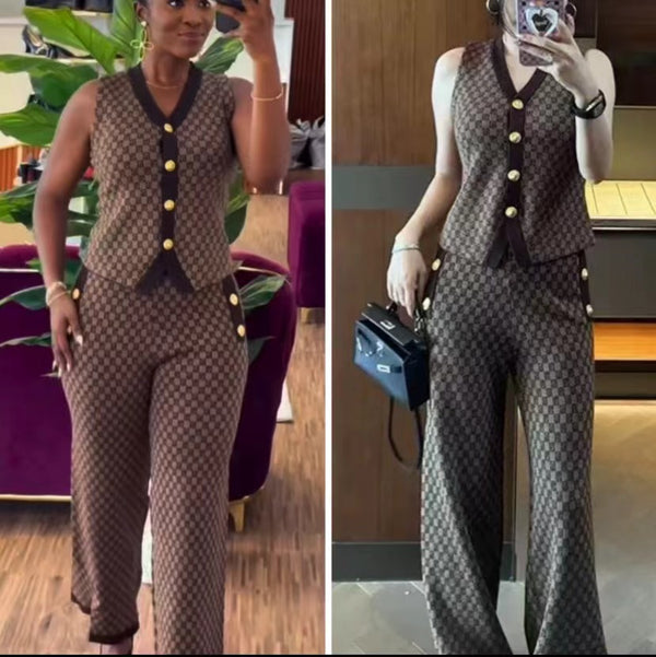 Xiaoxiangfeng Jacquard Women's Sleeveless Knitted Vest Vest Metal Button Wide Leg Pants Set Celebrity Retro Style