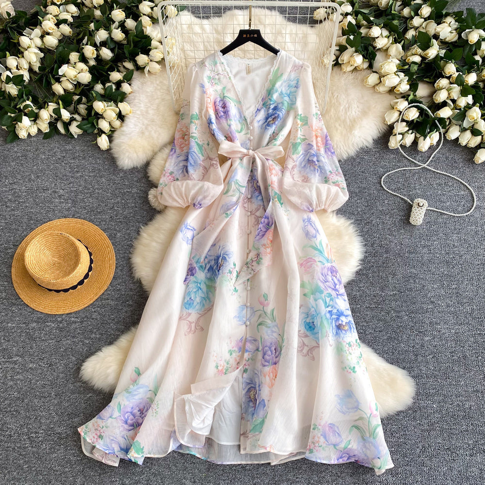 French sweet style printed flared sleeve dress - women's spring long sleeve, slimming a-line maxi dress - commute chic & elegant