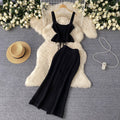 Women's summer knit two-piece vacation outfit: cutout tie-up cami top & high-waisted maxi skirt set