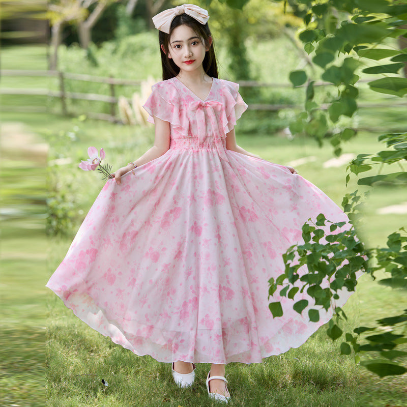 Girls' summer new collection dress - chiffon princess style, floral print beach dress for kids