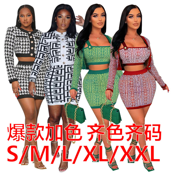 K10293 Independent Station  European and American Women's Wholesale Long Sleeve Cardigan Vest Hip Wrap Skirt Printing Three-piece Set New
