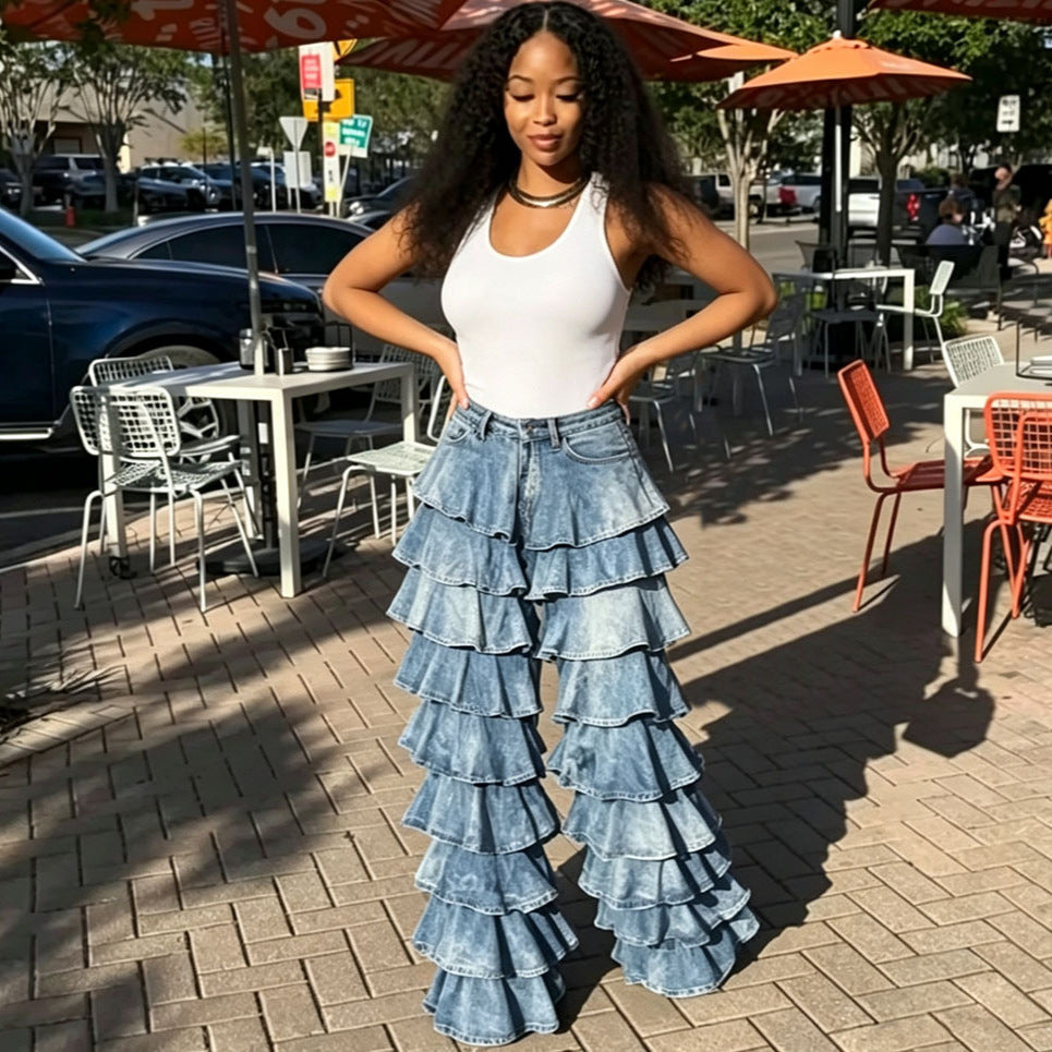 European and american style new ruffle hem denim pants -  cross-border summer women's fashion washed patchwork high-waisted trousers