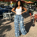 European and american style new ruffle hem denim pants -  cross-border summer women's fashion washed patchwork high-waisted trousers