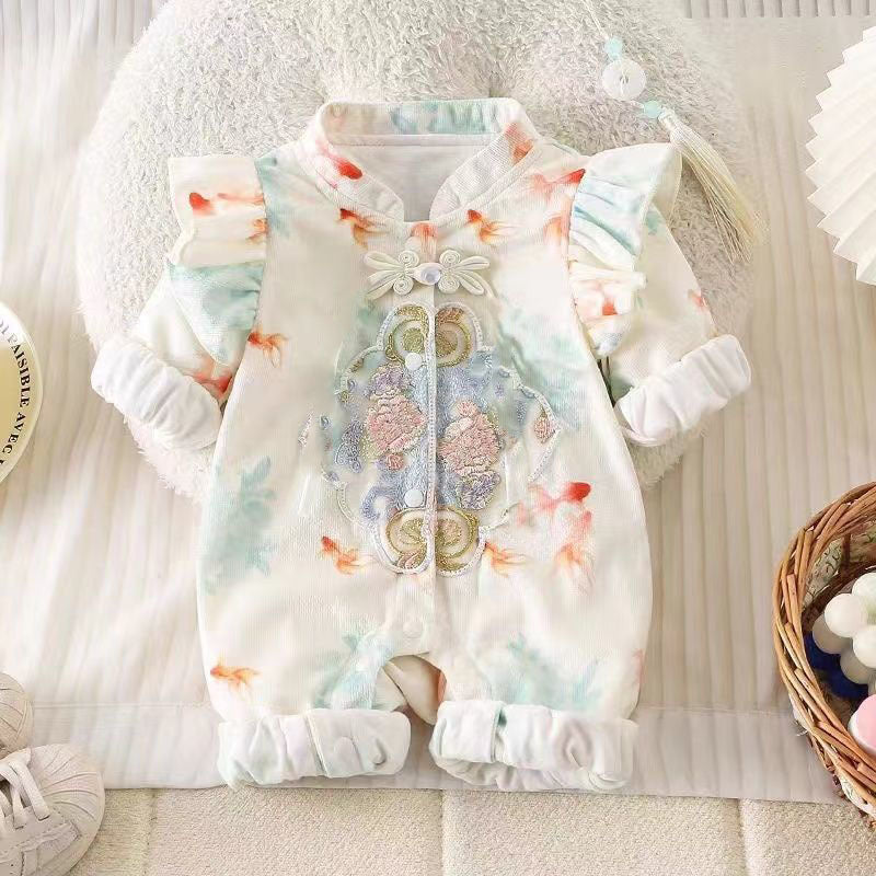 Baby spring & fall romper - 100-day & first birthday super cute princess style - chinese inspired autumn outfit - stylish double layer outdoor wear for baby girls