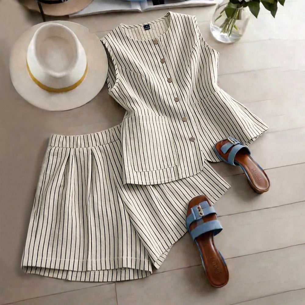 fashion  summer new striped sleeveless top + shorts set - commute & casual two-piece outfit