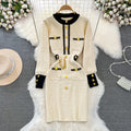 Autumn winter xiaoxiangfeng celebrity elegantcontrast colorlong sleeves round neck waist slimming look longa word knittingdress