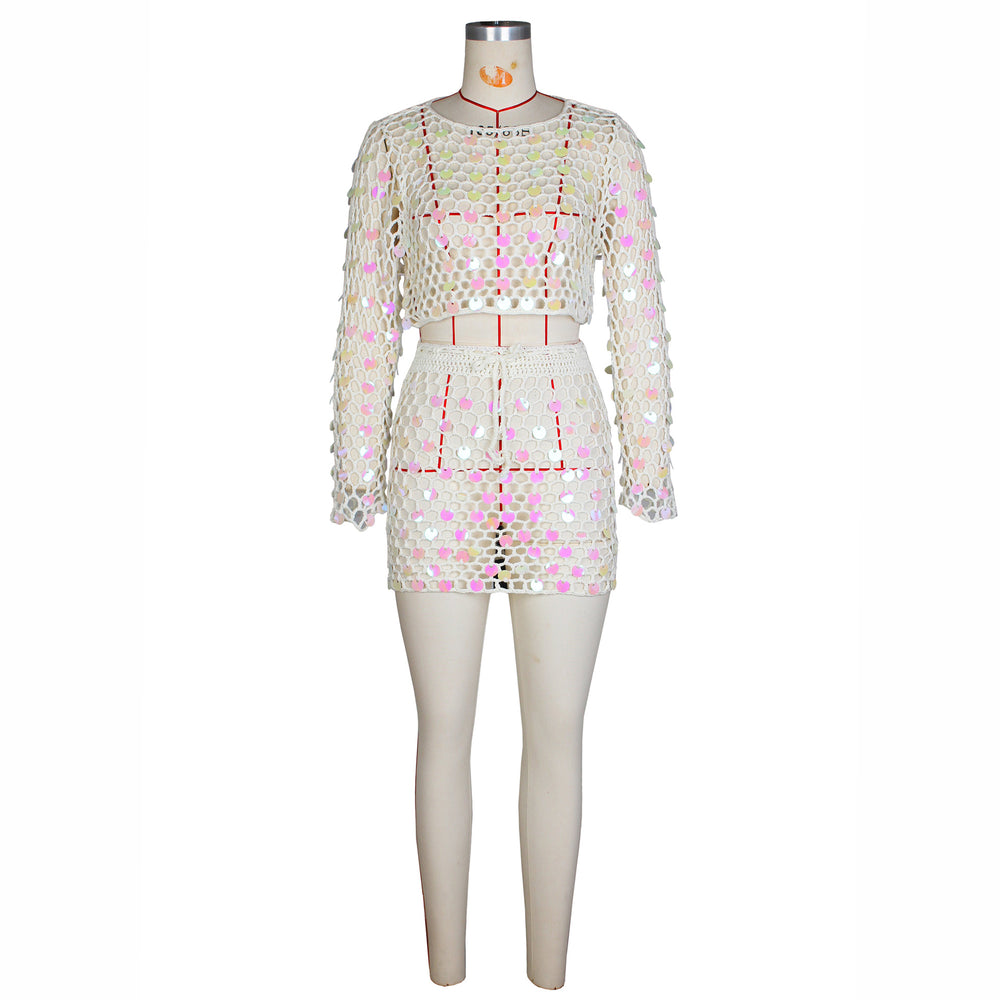 Amazon source factory: sexy european & american style hand-crocheted sequin dress two-piece beach outfit set