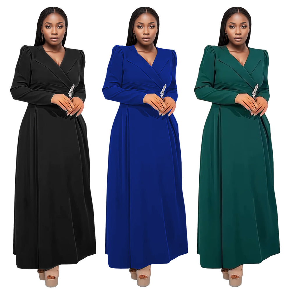 C7411 cross-border   fashion women's elegant waist-cinching criss-cross collar long-sleeve dress