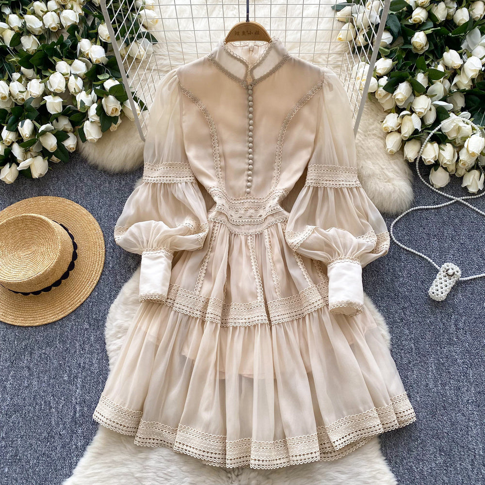 French court style lantern sleeve dress - spring crochet embroidery design - elegant, luxurious, and sophisticated long dress for women