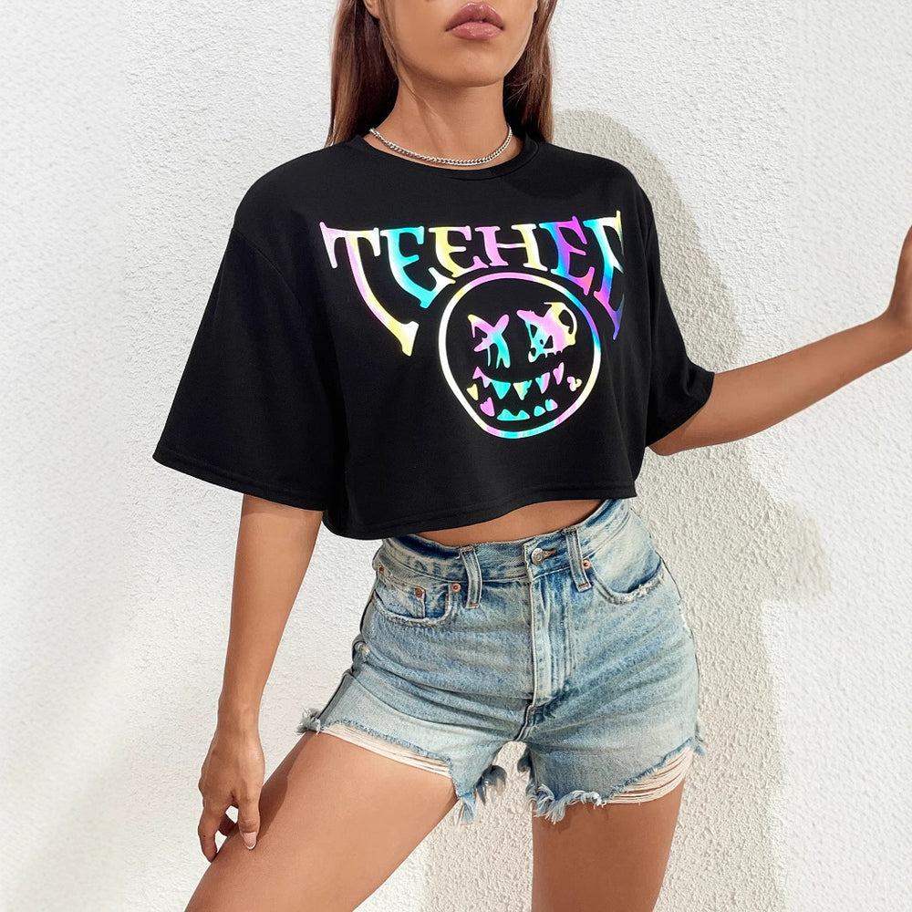 Pre-sale 53127#  cross-border women's fashion european and american ins fashion round neck printed short-sleeved t-shirt