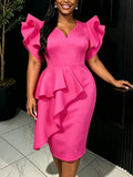 women's sexy v-neck high-waisted bodycon mini dress - commute-ready white ruffle hem party dress