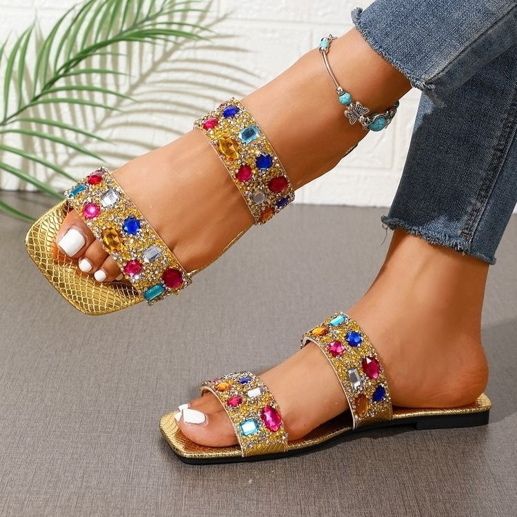 Wholesale women's plus size flat sandals:  new fashion rhinestone slingback square toe beach anti-slip slippers