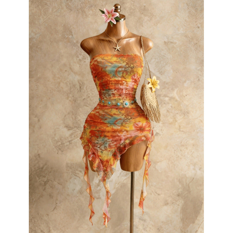 Women's summer vacation sexy printed ruffle asymmetrical hem mini dress (waist chain and accessories not included)