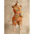 Women's summer vacation sexy printed ruffle asymmetrical hem mini dress (waist chain and accessories not included)