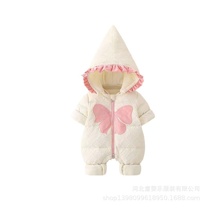 Newborn baby winter clothes: thickened romper for baby girls, perfect for outdoor wear, full month celebration, warm cotton-padded jumpsuit, newborn winter outfit