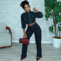 European and american style denim set -  cross-border women's fashion: long sleeve cropped jacket & high-waisted jeans