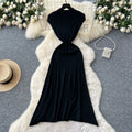 Women's short-sleeve knit dress -  summer collection: high-end, slim-fit, figure-flattering, elegant, minimalist vertical stripe knit maxi dress