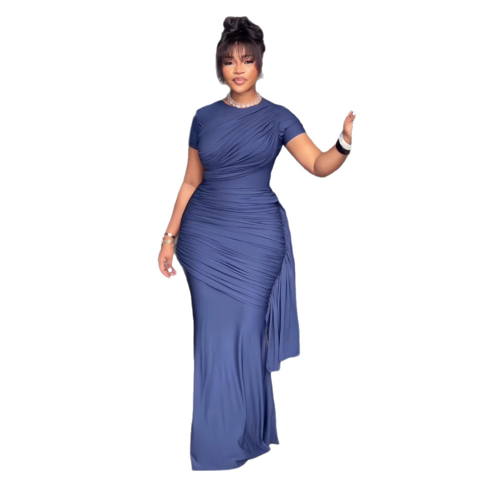European and american cross-border women's fashion:  spring new arrival - solid color short sleeve crew neck cinched waist ruched slim fit long dress