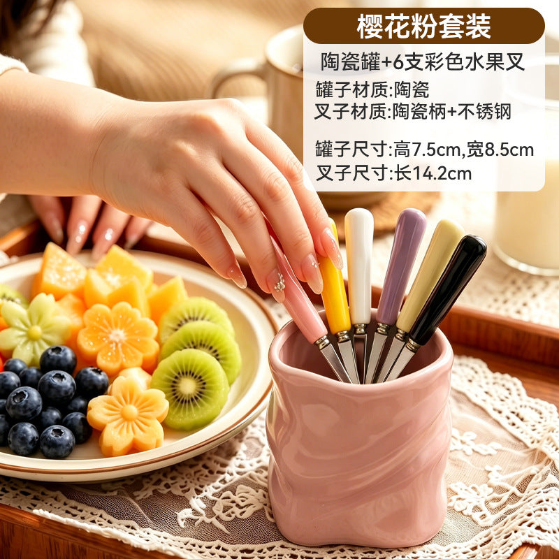 Premium 304 stainless steel portable fruit fork storage cup - creative, colorful, and wholesale ceramic cup holder
