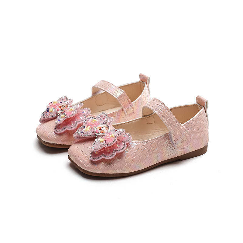 Preppy stylekidsflats square toe springnew arrivalk-style big bowsgirl princess shoes children's leather shoes