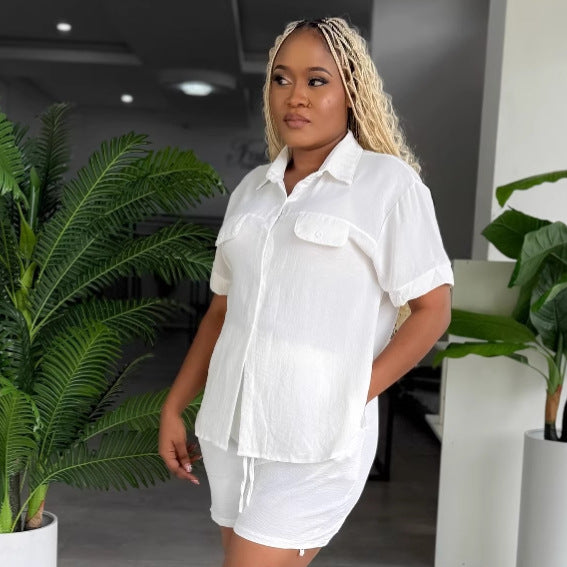 African women's solid color shirt set Casual loose short-sleeved breasted European and American women's fashion shorts two-piece set