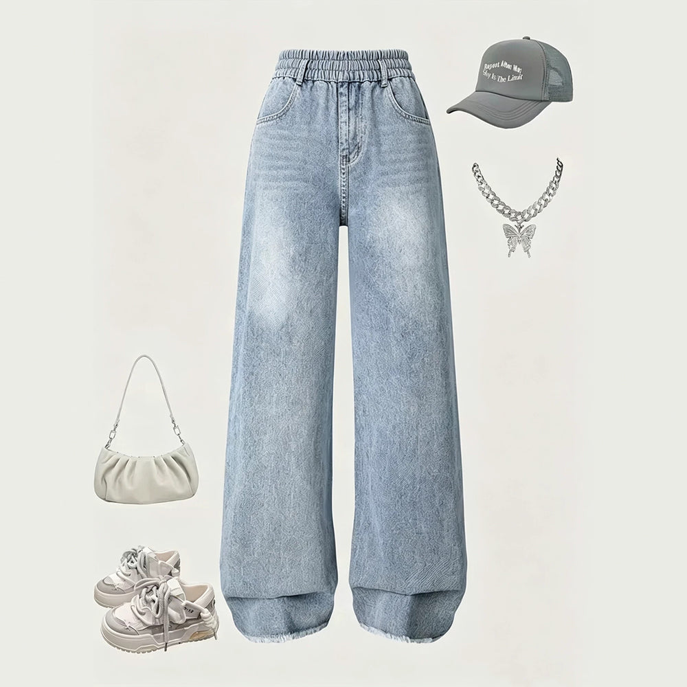 girls' spring/autumn denim pants: new styles for mid-to-large children, loose-fit casual straight-leg trousers, stylish and versatile wide-leg pants for kids