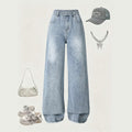 girls' spring/autumn denim pants: new styles for mid-to-large children, loose-fit casual straight-leg trousers, stylish and versatile wide-leg pants for kids