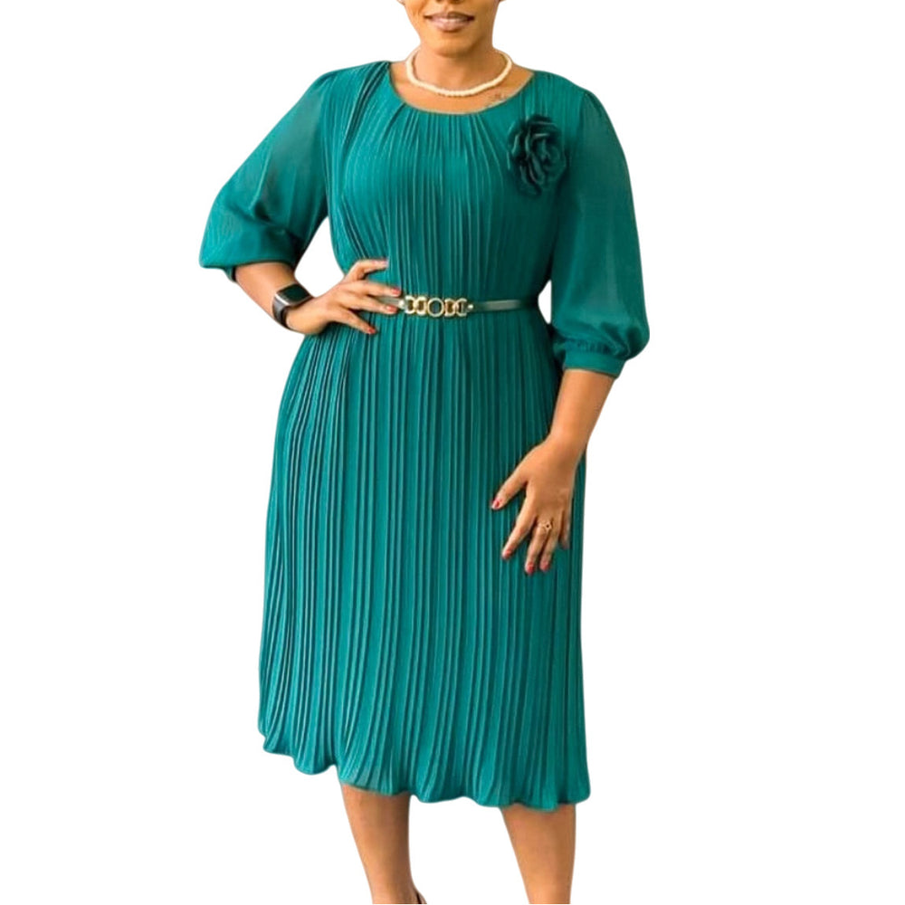 D614export women's clothing new arrivalfashion three-quarter sleeves round neck pure color style pleated cross-border african dress