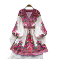 Vintage print v-neck long sleeve bodycon dress - women's summer tie-waist slimming a-line dress - office & casual wear