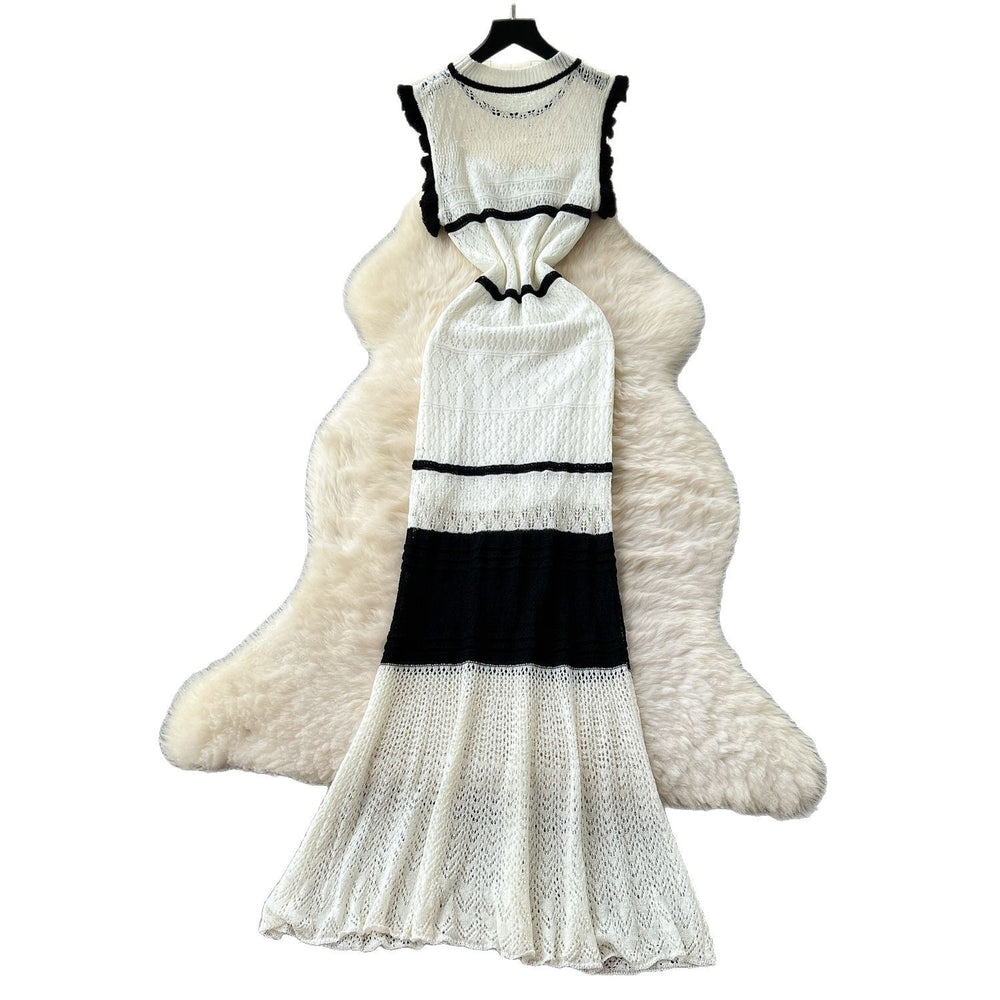 Korean style women's summer dress: soft & chic color block, flutter sleeves, cinched waist, slim fit, openwork crochet knit dress