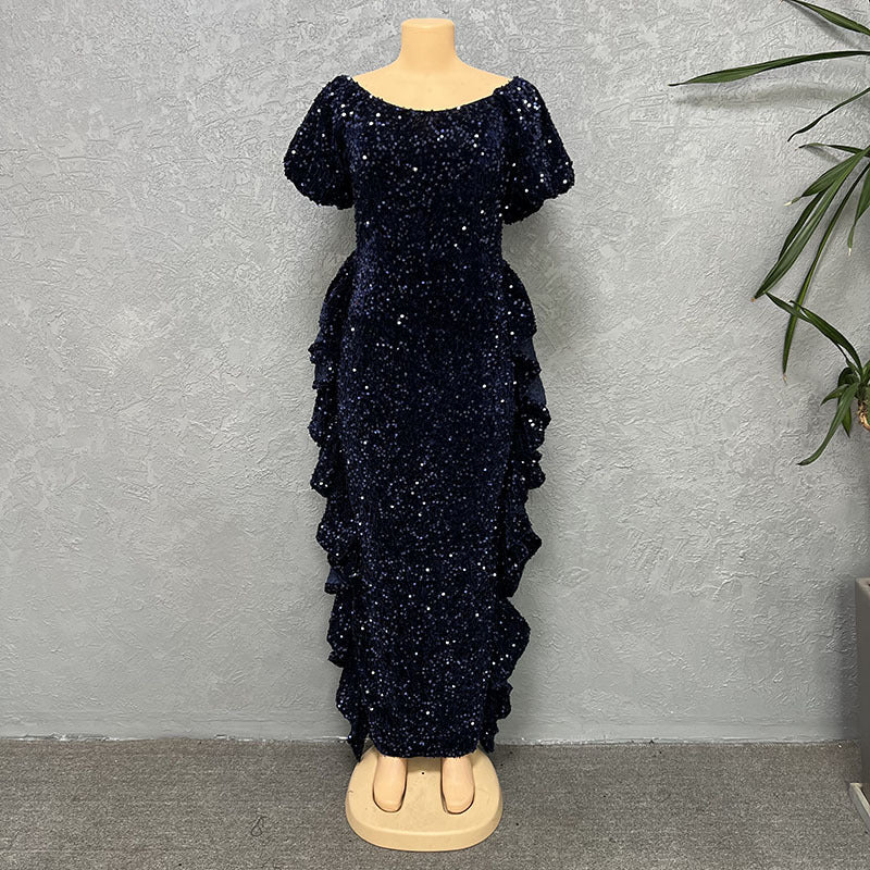 supply silm waist one shoulder off-shoulder elegancesequin long skirt european and american african fashion women's clothing
