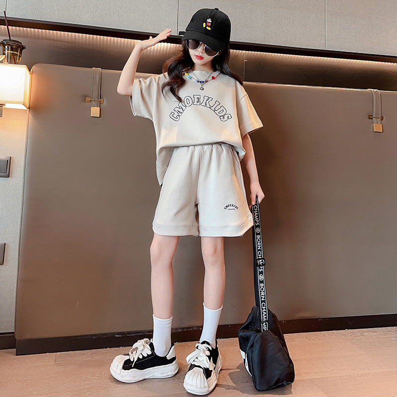 Girls' summer outfit  new set: stylish and trendy kids' streetwear, children's sportswear, big kids' short-sleeve two-piece summer set