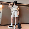 Girls' summer outfit  new set: stylish and trendy kids' streetwear, children's sportswear, big kids' short-sleeve two-piece summer set