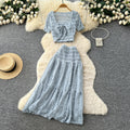 Vacation style bubble pleated square neck short-sleeved dress women's high waist pleated a-line skirt slimming lookeleganttwo-piece set