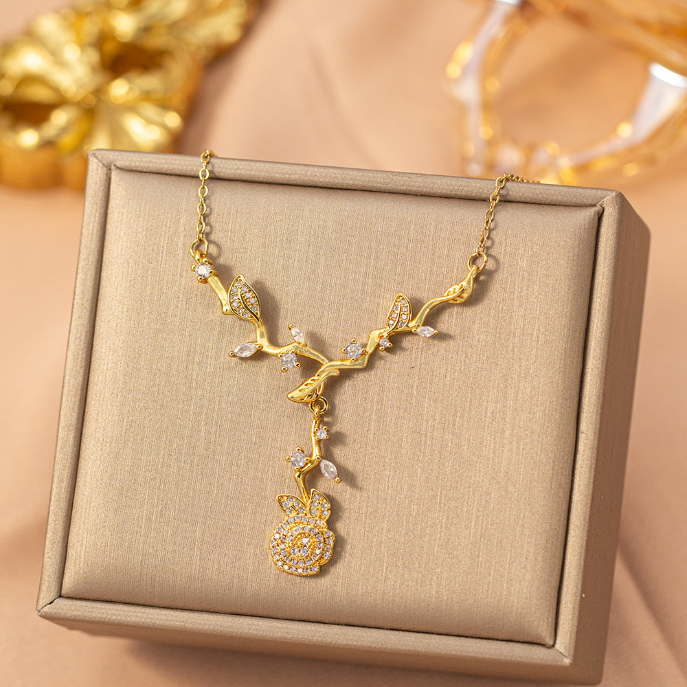 [titanium steel] gorgeous full diamond rose copper inlaid zirconium necklace light luxury niche high-end collarbone chain earrings set