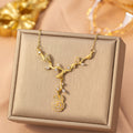 [titanium steel] gorgeous full diamond rose copper inlaid zirconium necklace light luxury niche high-end collarbone chain earrings set