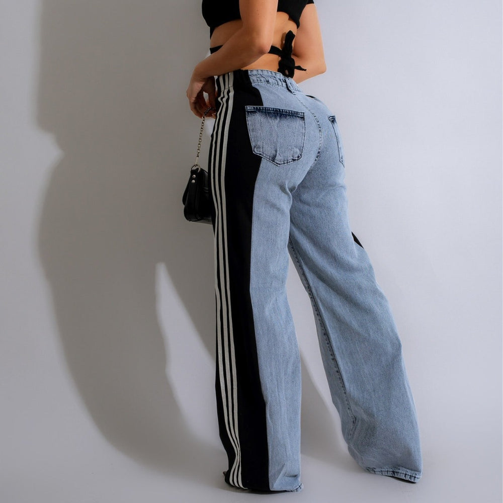 summer fashion patchwork three-stripe wide-leg denim pants - new women's casual high-waisted stretch straight-leg trousers
