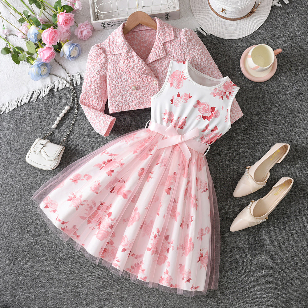 Girls' export dress set: sky blue rose print sundress with chanel-inspired lapel jacket - two-piece outfit for kids
