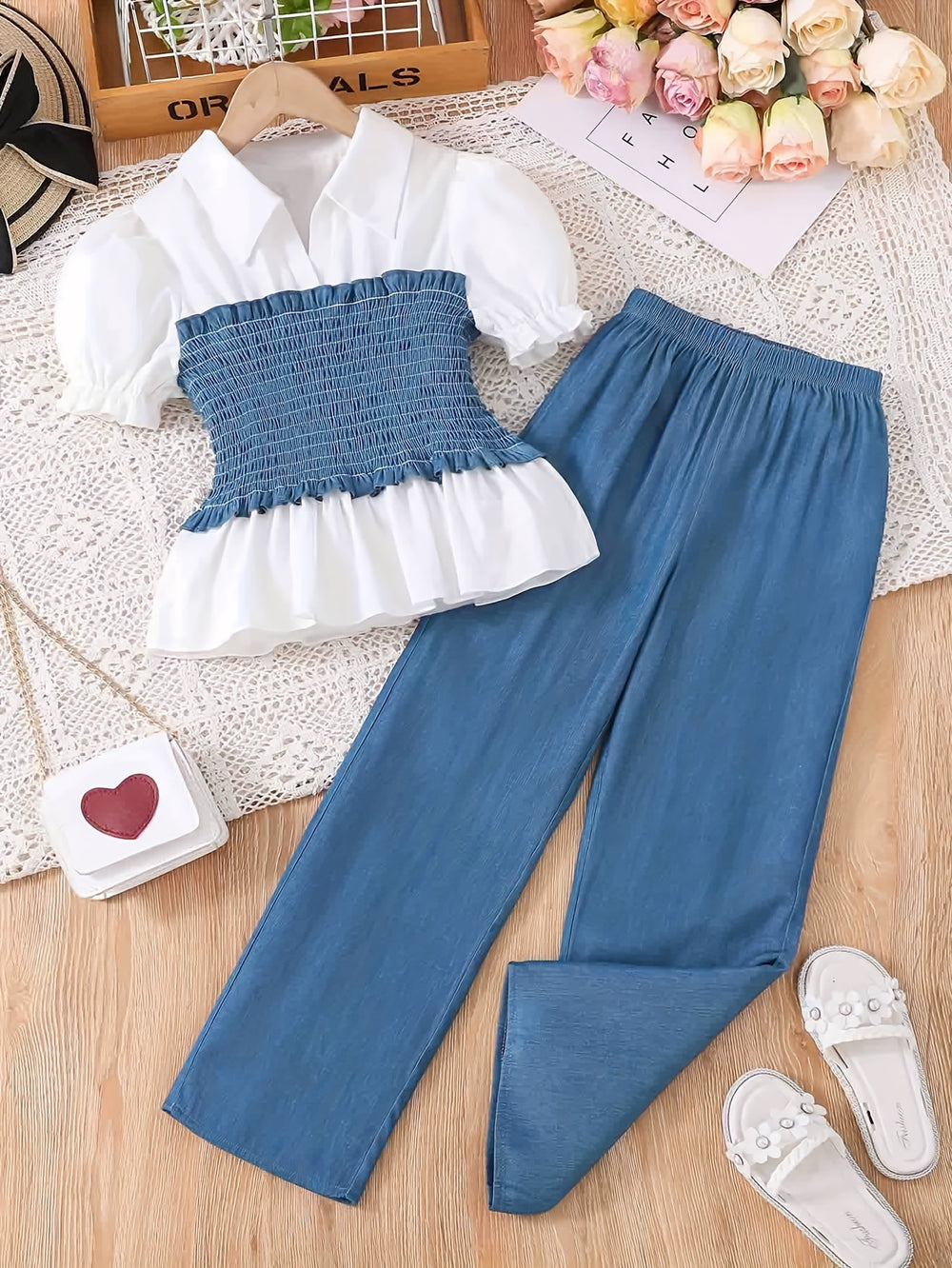 new arrivalsummer children's clothing fashionfashiongirl tops + loose pants two-piece suit youth