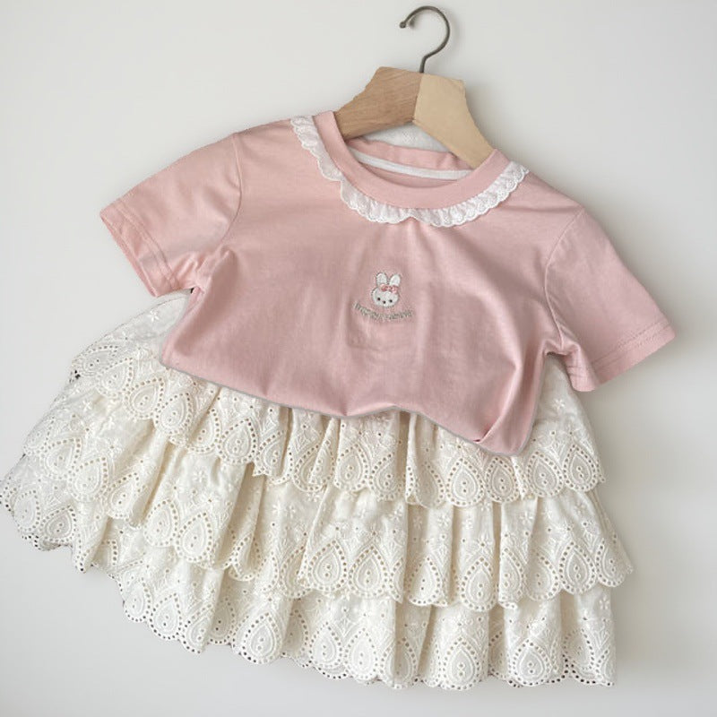 new summer girls' t-shirt and skirt two-piece set - korean style teardrop lace mini skirt outfit - princess style