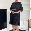 C3344  cross-border new women's fashionable and elegant round neck three-quarter sleeve pleated african dress